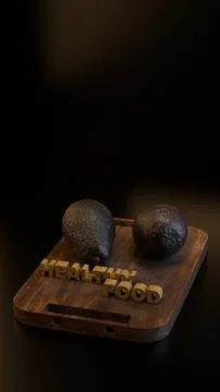 Vertical 3D render of avocados labelled Healthy Food angle Illustrazione stock