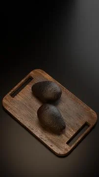 Vertical 3D render of avocados on rustic board with moody lighting for edit.. Stock Illustration
