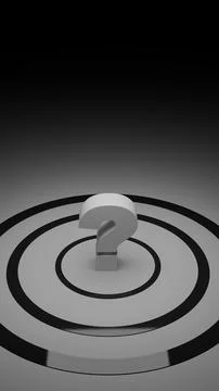 Vertical 3D render of question mark centered on glowing dark concentric rings Stock Illustration