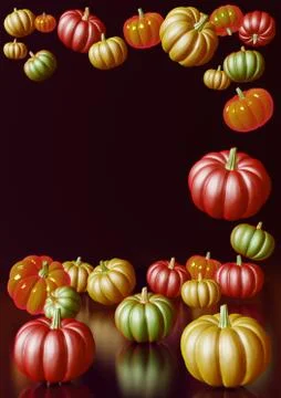 Vertical 3D rendering composition with red, green and orange pumpkins on dark Stock Illustration