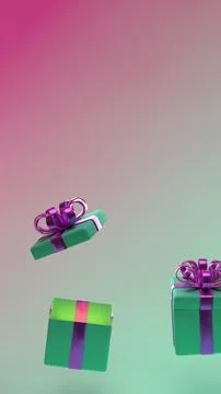 Vertical 3d rendering of green Christmas gift boxes with purple metallic ri.. Stock Illustration