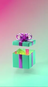 Vertical 3d rendering of a green gift box with shiny purple metallic ribbon.. Stock Illustration