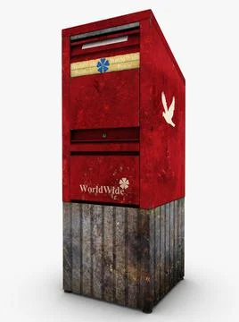 A vertical 3D rendering of an old rusted red mailbox on an isolated white bac Illustrazione stock