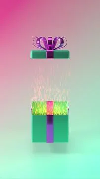 Vertical 3d rendering of an open green gift box with vibrant purple metalli.. Stock Illustration