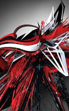 A vertical 3D rendering of red, white, and black abstract form with sharp end Stock Photos