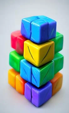 Vertical 3d rendering of a stack of colored cubes on pale gray background. 写真素材