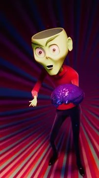 Vertical 3D Surreal Alien With Topless Skull Holding a Glossy Purple Brain .. Stock Illustration