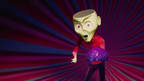 Vertical 3D Surreal Alien With Topless Skull Holding a Glossy Purple Brain .. Stock Illustration