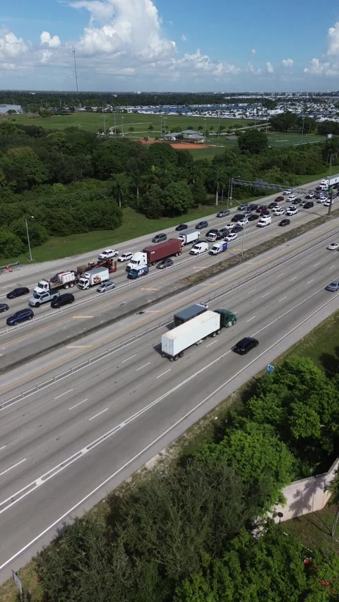 Vertical 4K Aerial Static Shot Miami Highway Traffic Jam Video stock 343874461