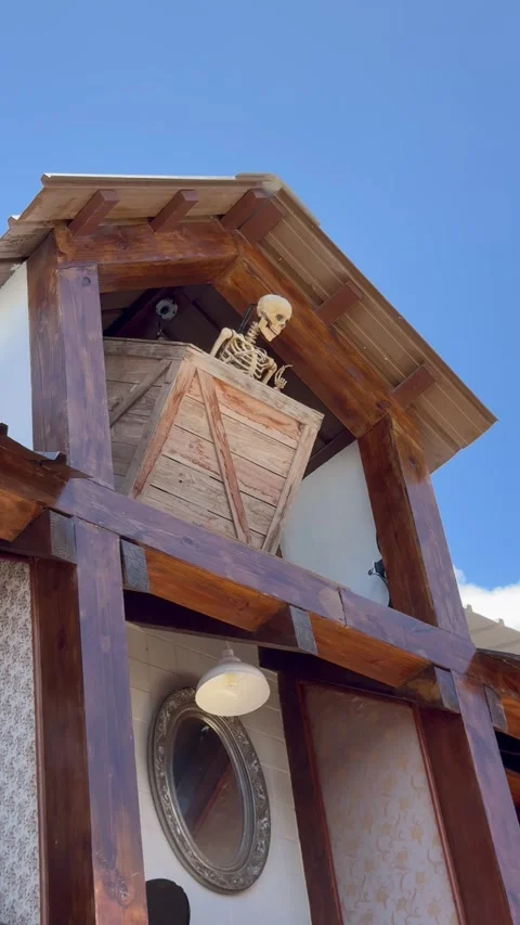 Vertical 4K Animatronic Dancing Skeleton Attraction At Cabo Rojo Port Stock-Footage 335479435
