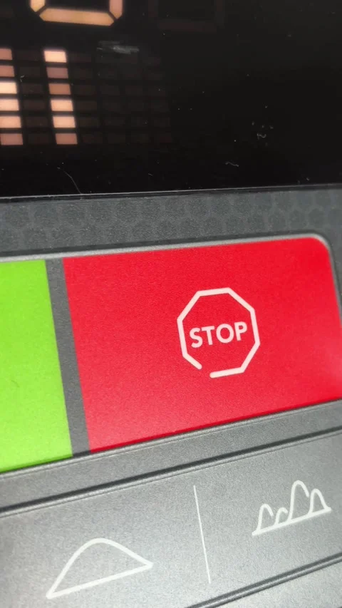 Vertical 4K Close Up of Finger Pressing Stop Button on Treadmill Stock Footage 329263943
