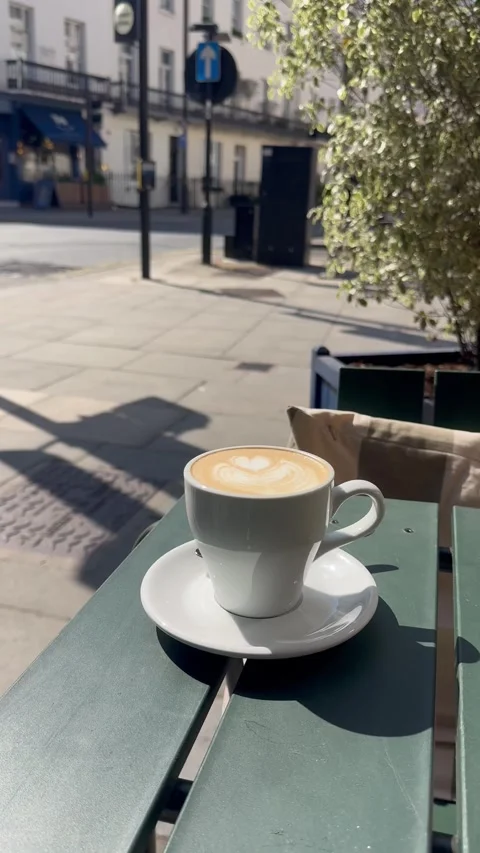 Vertical 4K Close Up Latte Art Coffee On Cafe Outdoor Terrace Stock-Footage 335779463