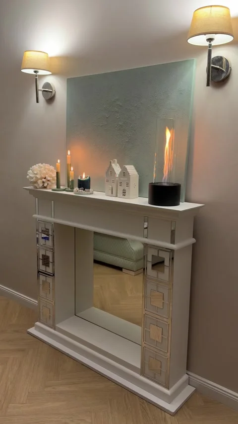 Vertical 4K - Cozy Evening Fireplace Mantel With Burning Flame And Candles Stock Footage 345363962