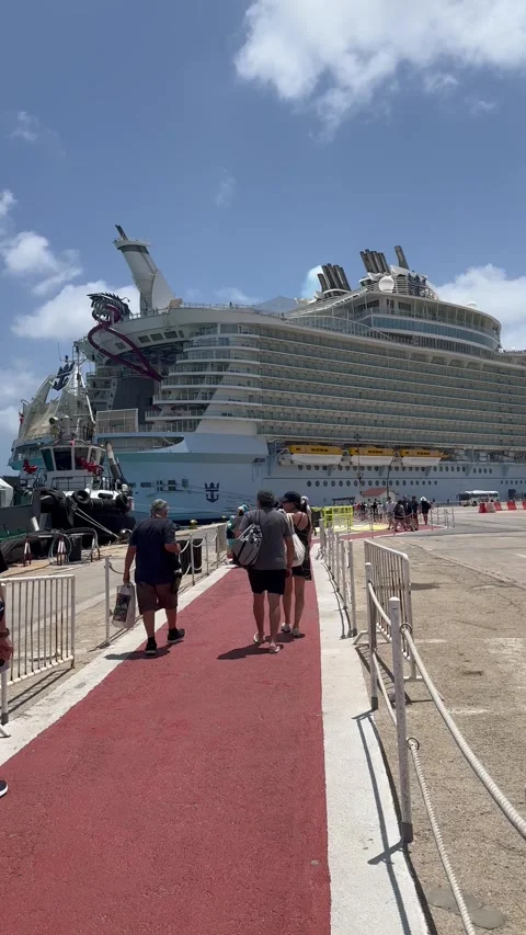 Vertical 4K Cruise Passengers Walking Through Aruba Port To Board Ship Stock Footage 335331270