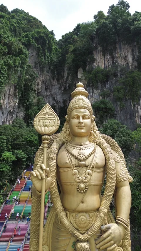 Vertical 4K Drone Batu Caves Malaysia Hindu Temple Stock Footage 338008898