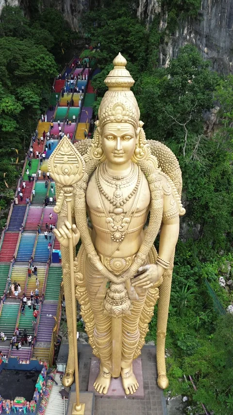 Vertical 4K Drone Batu Caves Malaysia Hindu Temple Stock Footage 338008910