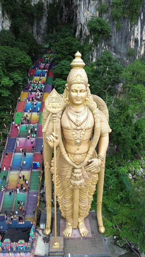 Vertical 4K Drone Batu Caves Malaysia Hindu Temple Stock Footage 338008952