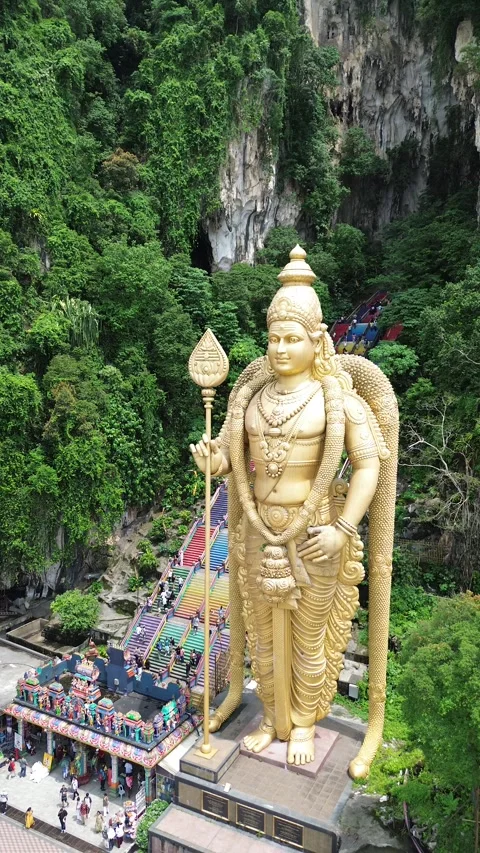 Vertical 4K Drone Batu Caves Malaysia Hindu Temple Stock Footage 338008968