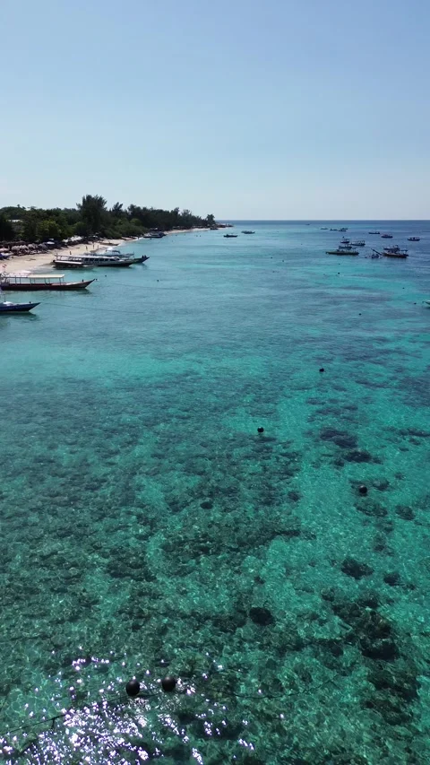 Vertical 4K Drone Gili Trawangan Lombok Indonesia Tropical Beach Stock Footage 337774209