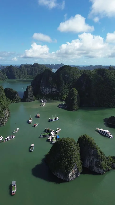 Vertical 4K Drone Ha Long Bay Vietnam Limestone Karst Stock Footage 337869154