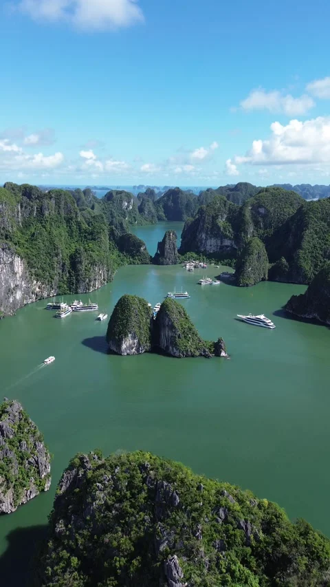 Vertical 4K Drone Ha Long Bay Vietnam Limestone Karst Stock Footage 337936567