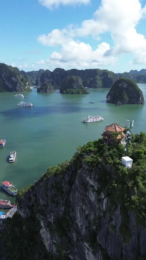 Vertical 4K Drone Ha Long Bay Vietnam Limestone Karst Stock Footage 337936580