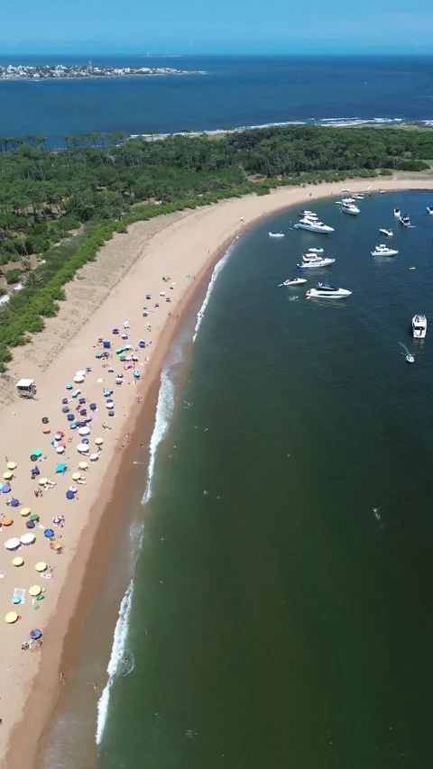 Vertical 4K Drone Isla Gorriti Punta del Este Uruguay Beach Stock Footage 338059818