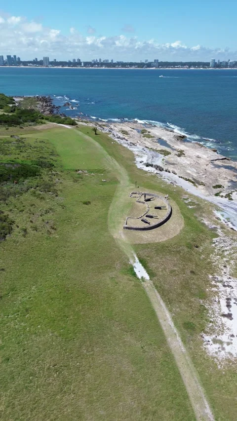 Vertical 4K Drone Isla Gorriti Punta del Este Uruguay Beach Stock Footage 338060127