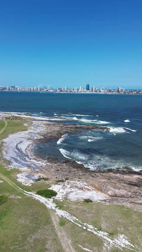Vertical 4K Drone Isla Gorriti Punta del Este Uruguay Beach Stock Footage 338060150