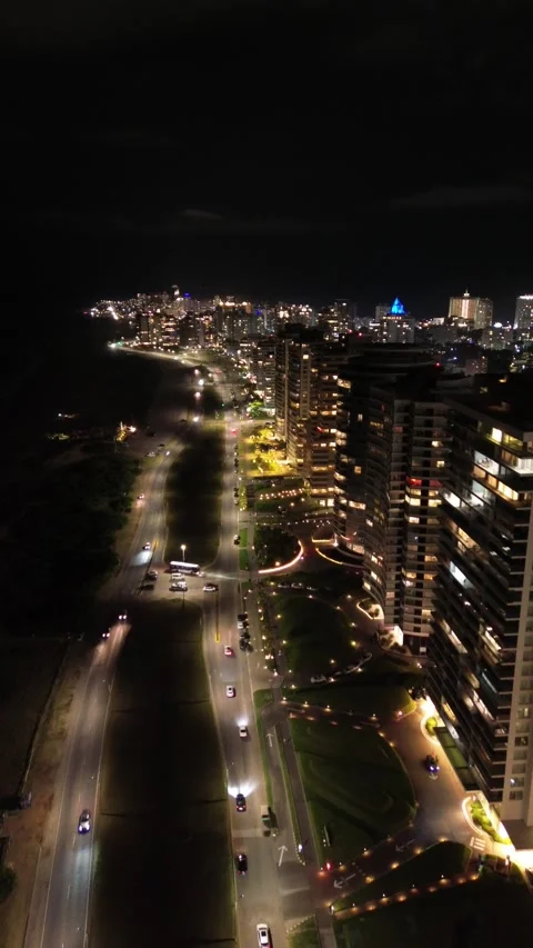 Vertical 4K Drone Punta del Este Night Uruguay City Lights Stock Footage 338060236
