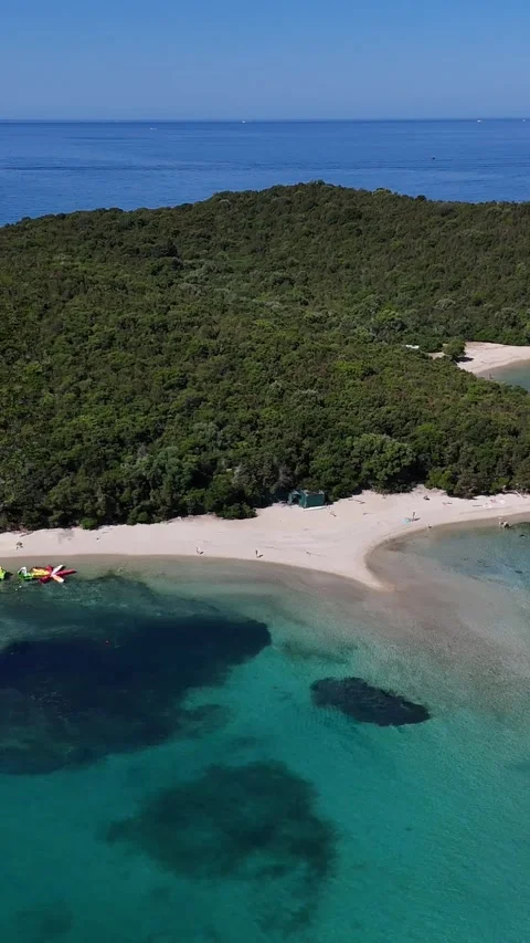 Vertical 4K drone video flying over transparent emerald bay towards green pine f Stock Footage 340566813