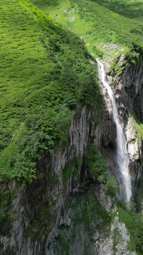 Vertical 4K Drone View of a Double Alpine Waterfall in Lush Green Forest Video stock 328706079
