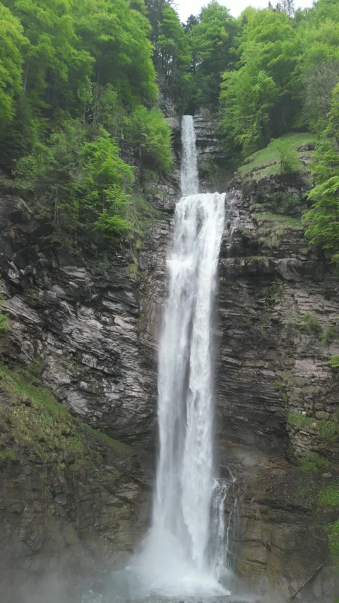Vertical 4K Drone View of a Double Alpine Waterfall in Lush Green Forest Stock Footage 328706297