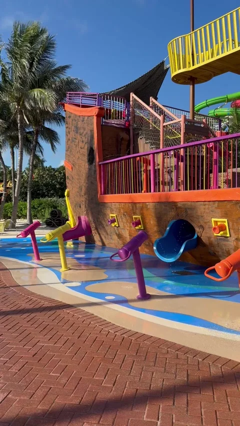 Vertical 4K Empty Kids Pirate Ship Water Park At Early Morning In CocoCay Stock-Footage 335549455