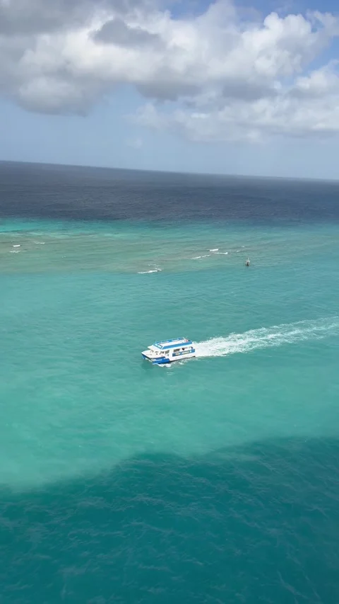 Vertical 4K Excursion Boat Approaching Cruise Liner Hull In Sea Stock Footage 335373257
