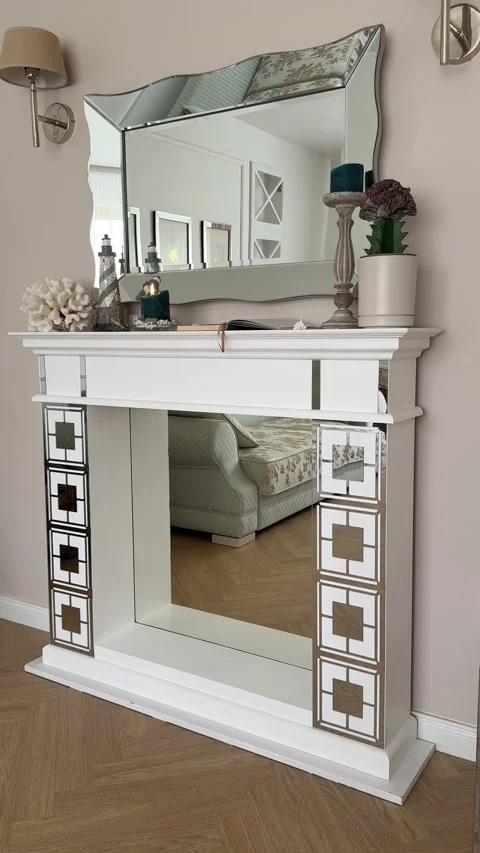Vertical 4K - Full View Of White Modern Classic Fireplace Mantel With Mirror Stock Footage 345352493