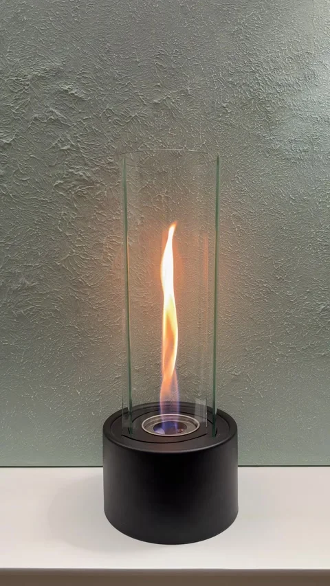 Vertical 4K - Modern Tabletop Bioethanol Fireplace Burning Flame Interior Stock Footage 345363970