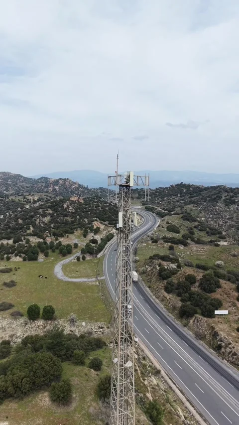 Vertical 4K Orbit Shot of Telecom Tower over Forest S-Curve Road Vidéo 331593196