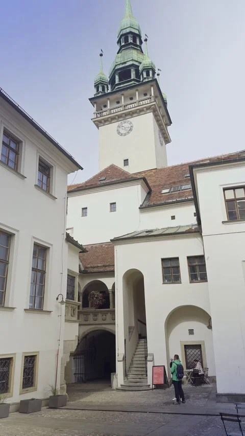 Vertical 4K perspective of the historic Brno Old Town Hall clock tower and Stock Footage 339834936