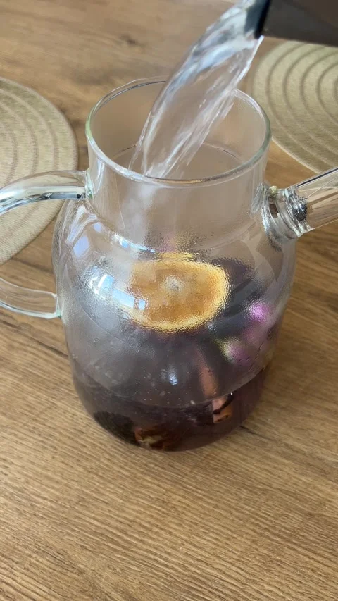 Vertical 4K Pouring Hot Boiling Water into Glass Teapot Winter Tea B-Roll⁠ Video stock 347098253
