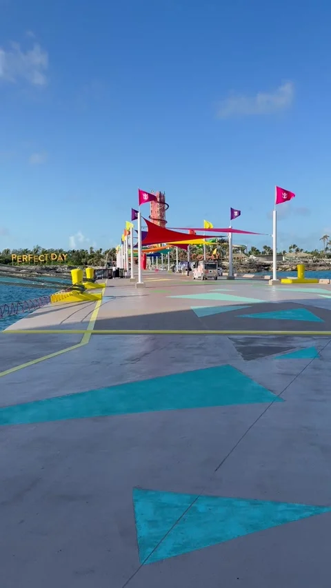 Vertical 4K POV First Passenger Disembarking Cruise Ship Via Gangway At CocoCay Stock Footage 335549462