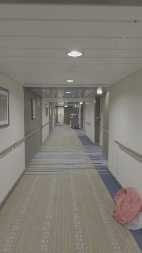 Vertical 4K POV LOG Walking Cruise Liner Cabin Hallway Flat Profile Vídeos de archivo 335425418