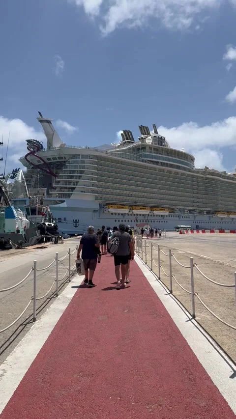 Vertical 4K POV Walking Behind Passengers Boarding Cruise Ship In Aruba Stock Footage 335331284