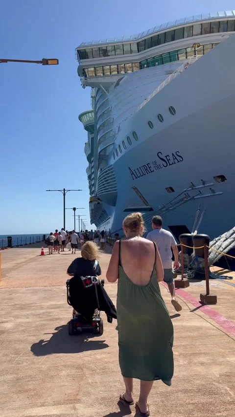 Vertical 4K POV Walking Behind Cruise Passengers Returning To Ship On Pier Stock Footage 335460496