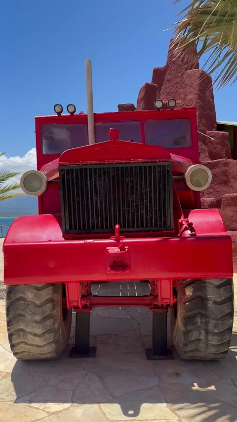 Vertical 4K Retro Red Lorry Display In Port Cabo Rojo Resort Area Stock-Footage 335479582