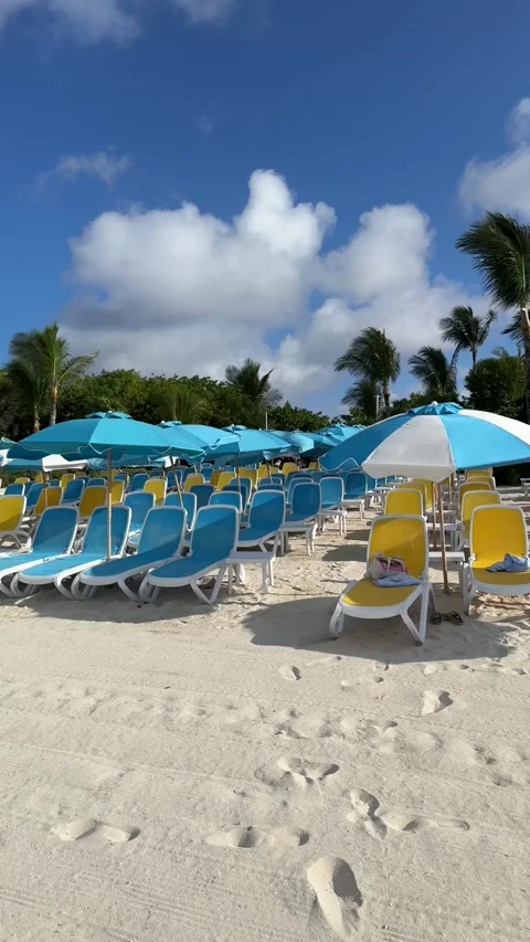 Vertical 4K Rows Of Empty Sun Loungers On CocoCay Beach Bahamas Stock Footage 335549407