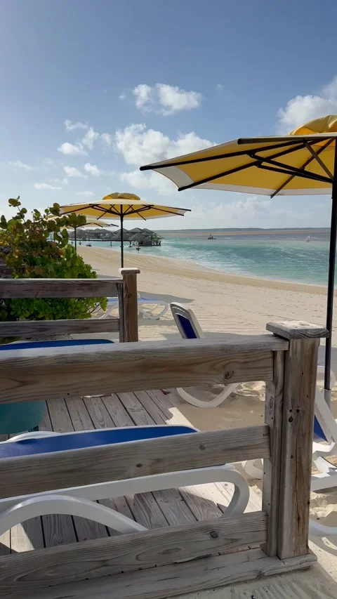 Vertical 4K Side Pan Of Beach Cabana From Lounge Furniture To Sea View Stock Footage 335549413