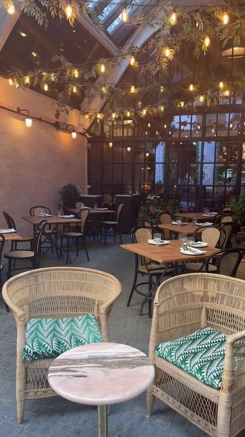 Vertical 4K Static Shot Of Empty Outdoor Cafe Restaurant Terrace Stock Footage 335779465