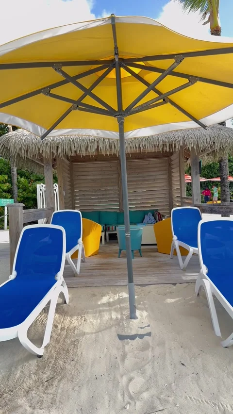 Vertical 4K Static Shot Of Luxury Beachfront Cabana Interior At CocoCay Stock Footage 335549415