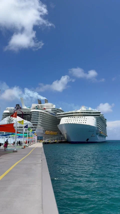 Vertical 4K Static View Of Cruise Passengers Walking Between Two Giant Liners Stock Footage 335548476